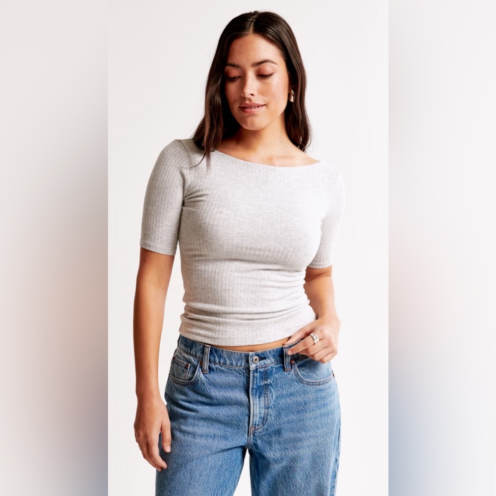 NWT Abercrombie Grey Half-Sleeve Wide Rib Boatneck Top Small